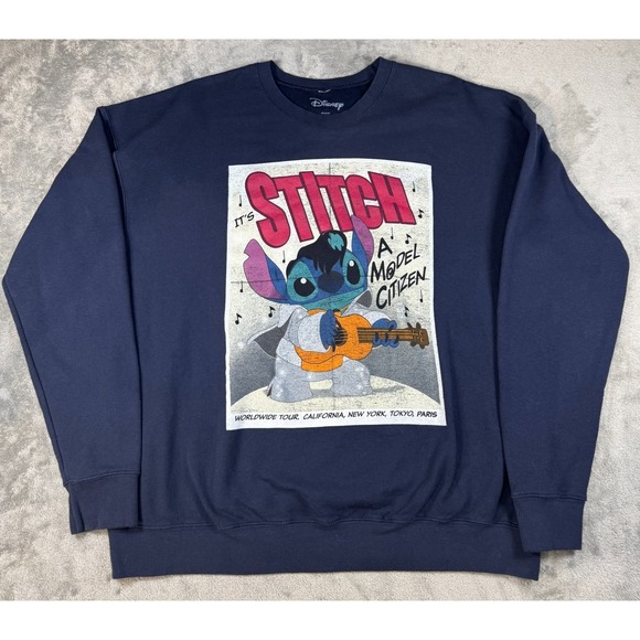 Disney Tops - Disney Lilo & Stitch Elvis Model Citizen Graphic Sweatshirt Navy Large RN117508
